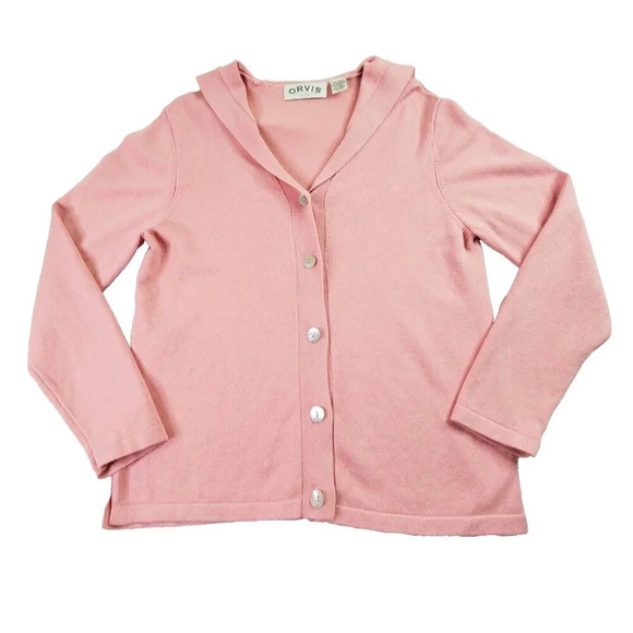 Vintage Orvis Cardigan Women Medium Pink Knit Sweater Sailor Flap Collar Minimal - Picture 1 of 16